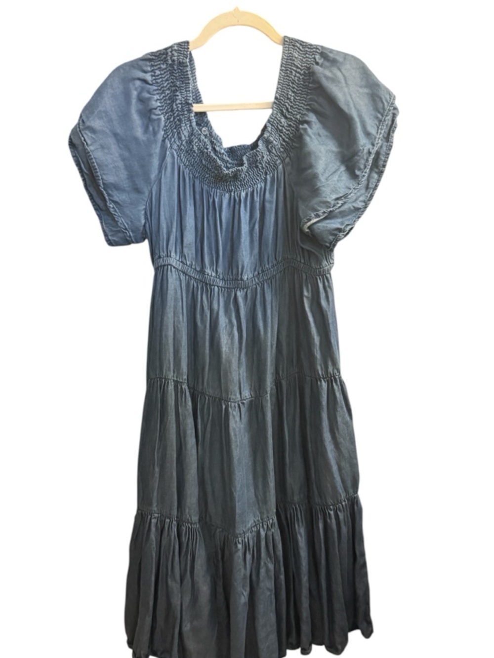 NOT FOR SALE Casuals Tencel Smocked Denim Style Dress Flutter Sleeve Tiered L - Picture 3 of 6